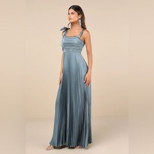 New Lulus Gorgeous Purpose Slate Satin Pleated Sleeveless Bow Maxi Dress Large